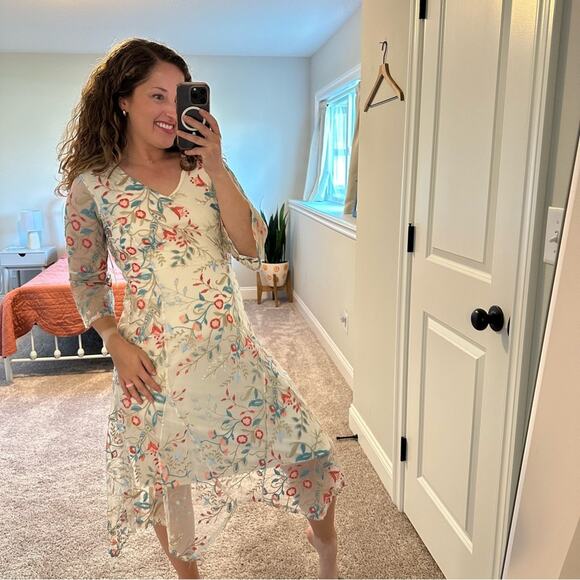 NWT Reba White Pink Blue Floral Embroidered Desert Maxi Dress Small - Picture 2 of 14